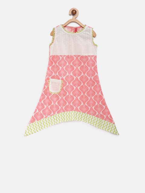 

Ethnicity Girls Peach-Coloured & White Printed Asymmetric A-Line Kurta
