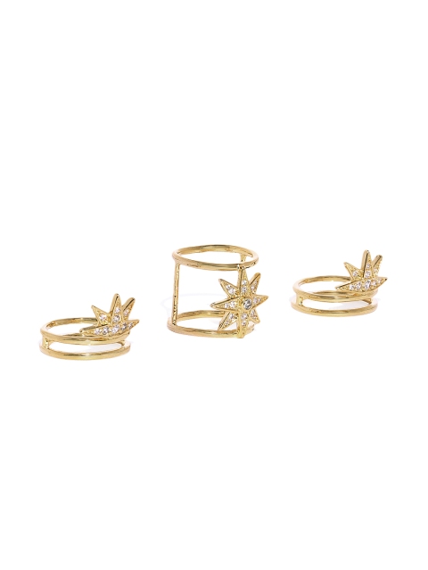 

shaze Women Set of 3 Gold-Toned CZ Stone-Studded Finger Rings