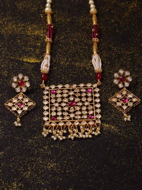 

Voylla Women Yellow Gold-Plated & Pink Kundan Stone-Studded Jewellery Set