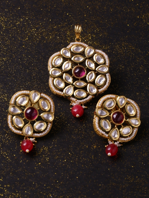 

Voylla Women Yellow Gold-Plated & Red Kundan Stone-Studded Jewellery Set