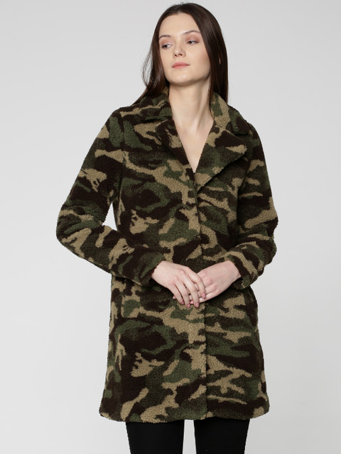 

ONLY Women Olive Green & Beige Camouflage Print Overcoat