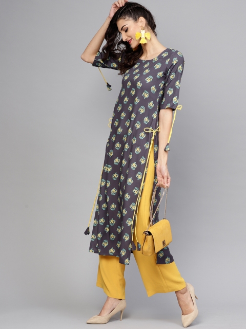 

Libas Women Charcoal Grey & Yellow Printed Straight Kurta