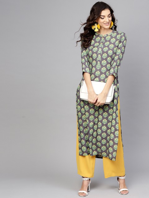 

Libas Women Grey & Yellow Printed Straight Kurta