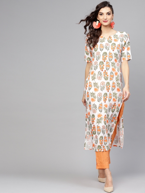 

Libas Women White & Orange Floral Print Straight Kurta