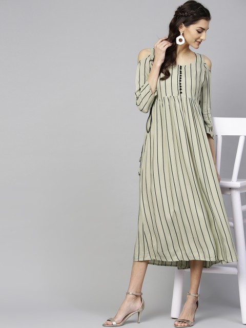 

Libas Women Mint Green Striped Cold Shoulder Midi Dress