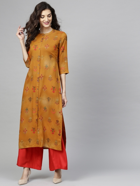 

Libas Women Mustard Brown & Red Printed Straight Kurta