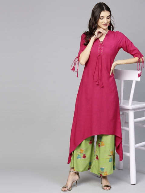 

Libas Women Magenta & Green Solid Kurta with Palazzos