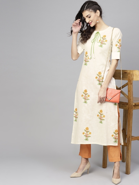 

Libas Women Off-White & Yellow Printed Straight Kurta