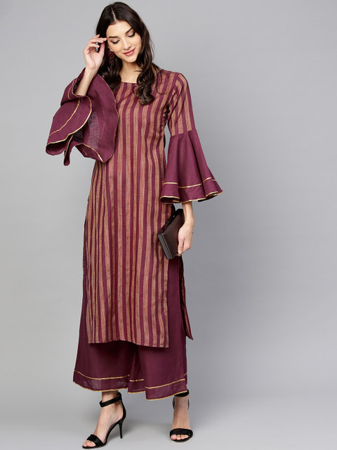 

Libas Women Burgundy & Brown Striped Kurta with Palazzos