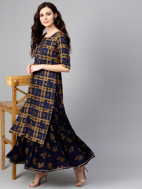 

Libas Women Navy Blue & Mustard Yellow Checked Kurta with Skirt