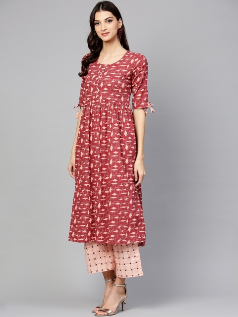 

Libas Women Maroon & Peach-Coloured Printed A-Line Kurta with Palazzos