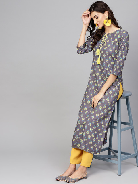 

Libas Women Grey & Yellow Printed Straight Kurta