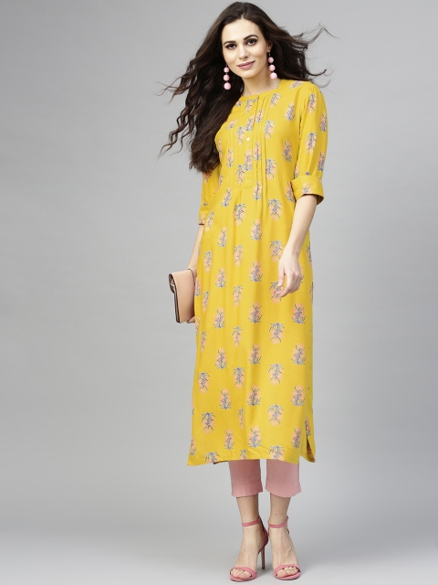 

Libas Women Mustard Yellow & Blue Printed Straight Kurta