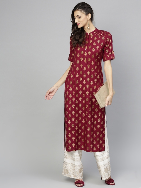 

Libas Women Maroon & Golden Block Print Straight Kurta