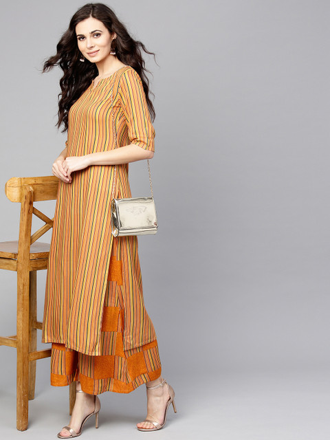 

Libas Women Mustard Yellow Striped Kurta with Palazzos
