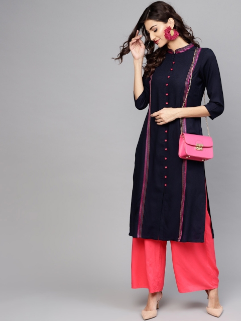

Libas Women Navy Blue Solid Straight Kurta