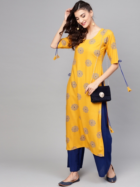 

Libas Women Yellow & Blue Printed Straight Kurta