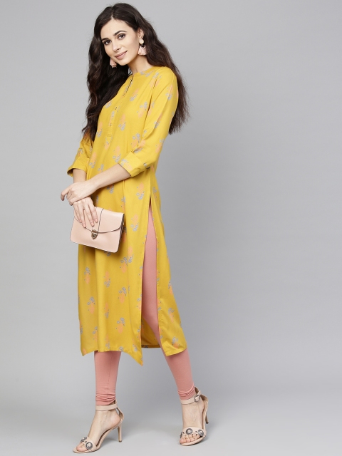 

Libas Women Mustard Yellow & Blue Printed Straight Kurta