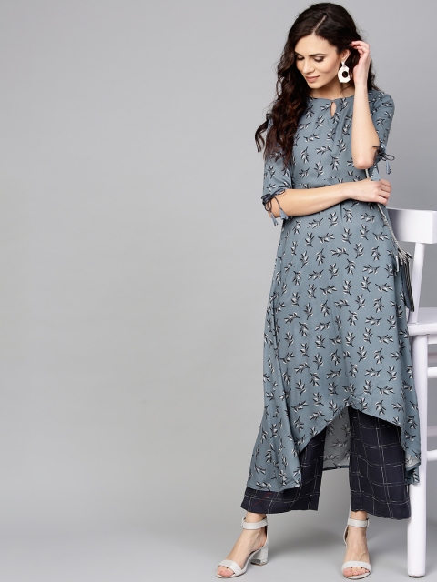 

Libas Women Grey Printed A-Line Kurta with Checked Palazzos