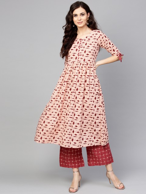 

Libas Women Peach-Coloured & Maroon Printed Kurta with Palazzos