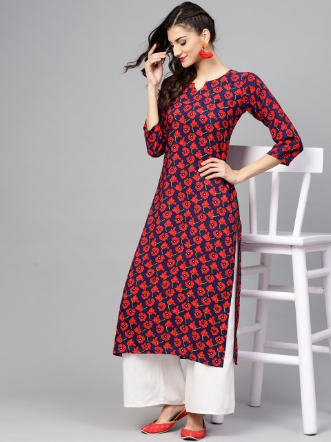 

Libas Women Navy Blue & Red Printed Straight Kurta