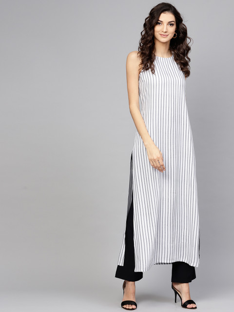 

Libas Women White & Charcoal Grey Striped Straight Kurta