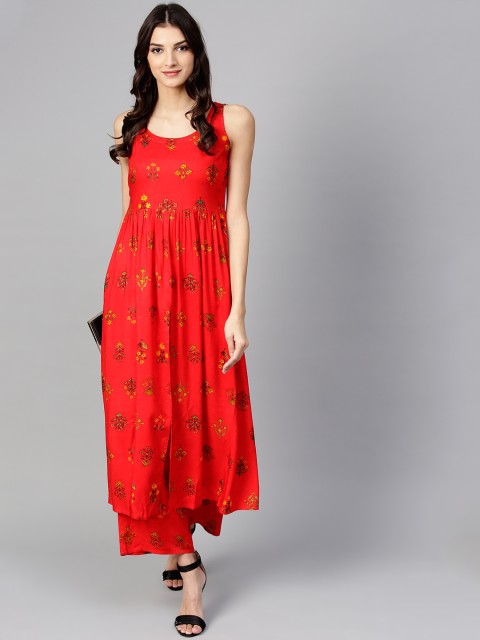 

Libas Women Red & Green Floral Print A-Line Kurta with Palazzos