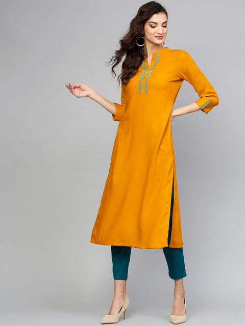 

Libas Women Mustard Yellow Embroidered Detail Straight Kurta