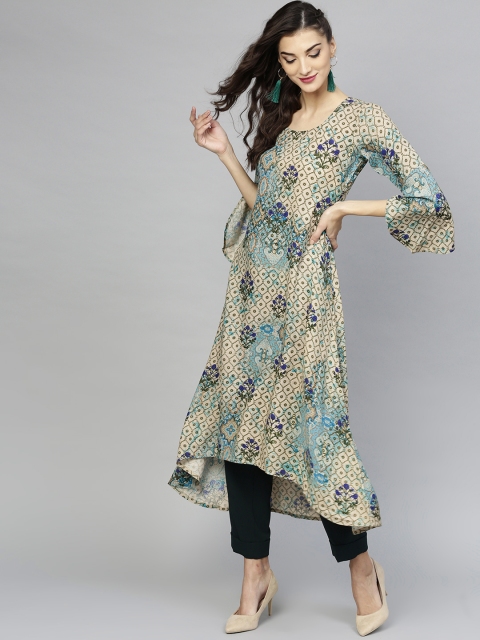 

Libas Women Beige & Green Printed A-Line Kurta