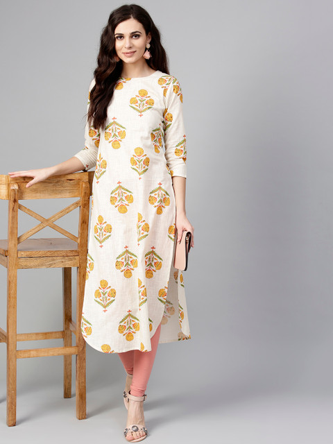 

Libas Women Cream-Coloured & Mustard Yellow Printed Straight Kurta
