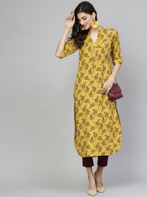 

Libas Women Mustard Yellow & Burgundy Printed Straight Kurta