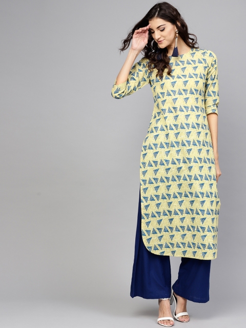 

Libas Women Yellow & Blue Printed Straight Kurta