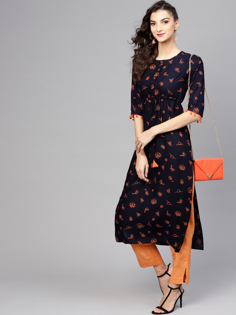 

Libas Women Navy Blue & Coral Orange Printed Straight Kurta