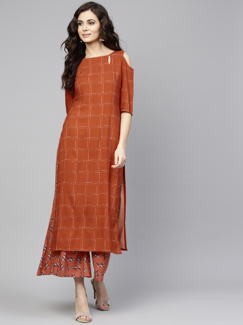 

Libas Women Rust Brown Checked Kurta with Palazzos