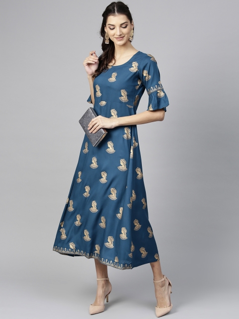 

Libas Women Teal Blue Block Print Printed Maxi Dress