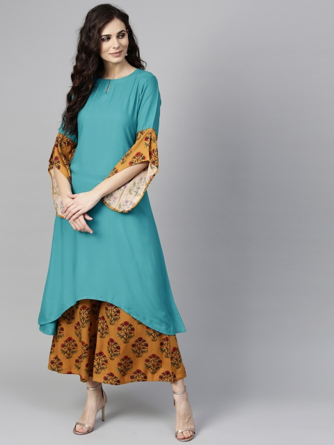 

Libas Women Green & Mustard Yellow Solid Kurta with Palazzos