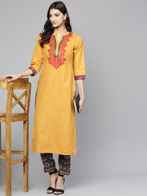 

Libas Women Mustard Yellow & Charcoal Grey Yoke Design Kurta with Trousers