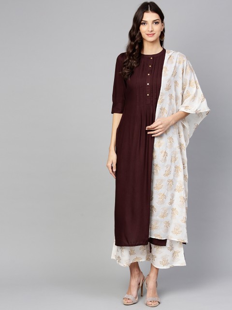 

Libas Women Coffee Brown & Off-White Solid Kurta with Palazzos & Dupatta