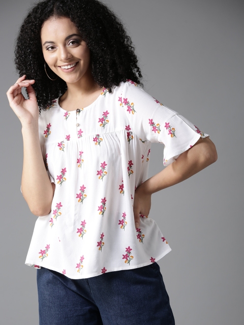 

HERE&NOW Women White & Pink Printed A-Line Top