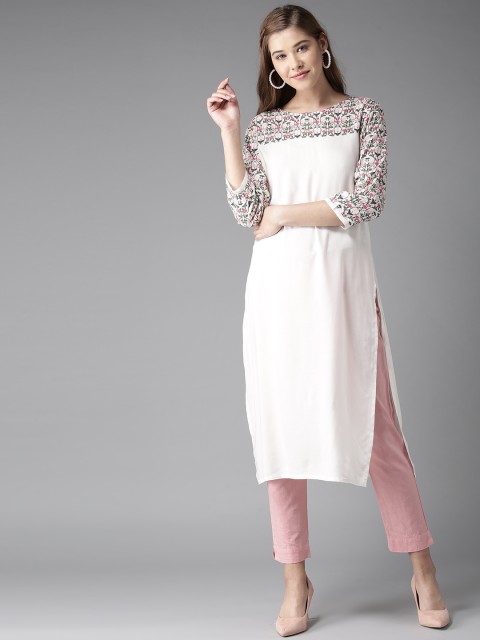 

HERE&NOW Women White Yoke Design Straight Kurta