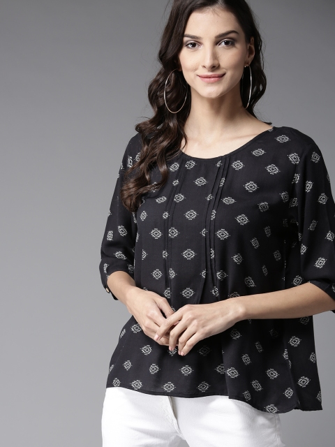 

HERE&NOW Women Black Printed Styled Back Top