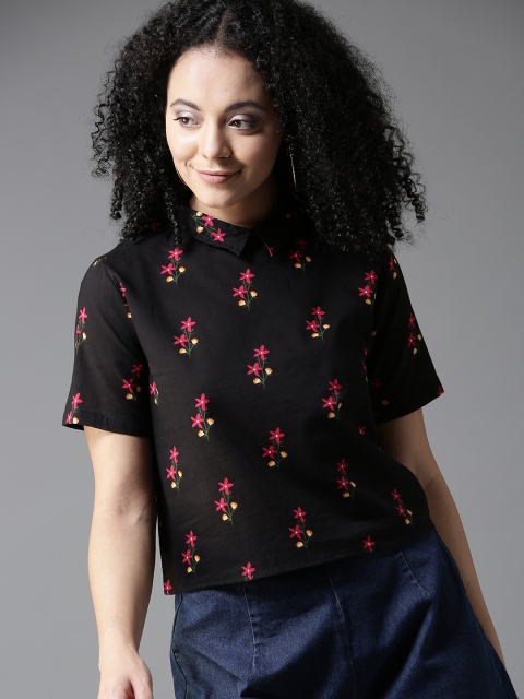 

HERE&NOW Women Black & Pink Printed Styled Back Top