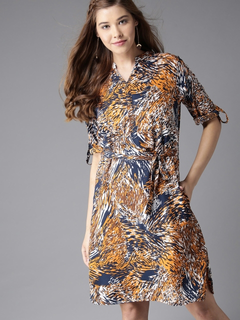 

HERE&NOW Women Navy Blue & Orange Printed A-Line Dress