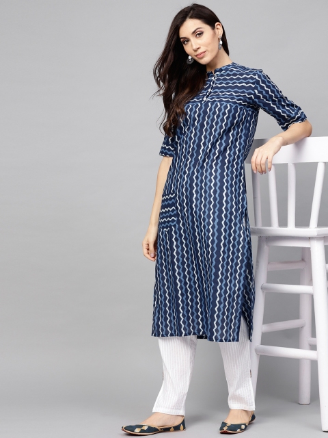 

AKS Women Navy Blue & White Printed Straight Kurta