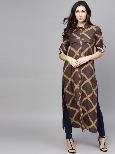 

AKS Women Coffee Brown & Mustard Brown Printed Pathani Kurta