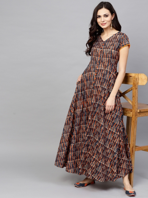 

AKS Women Charcoal Grey & Orange Printed Maxi Dress