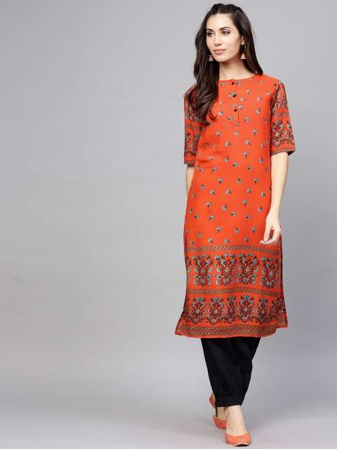 

AKS Women Orange Floral Printed Straight Kurta