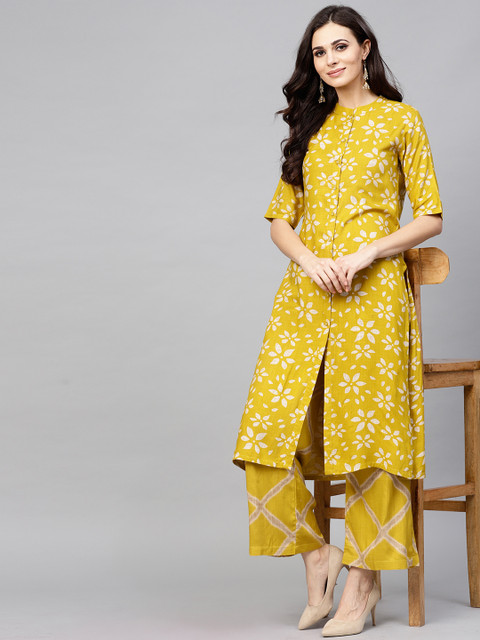 

AKS Women Mustard Yellow & Beige Printed Kurta with Palazzos