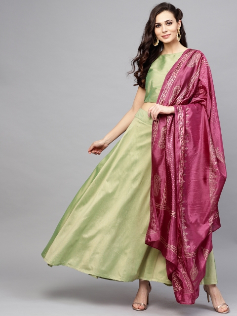 

AKS Green & Magenta Solid Ready to Wear Lehenga & Choli with Dupatta