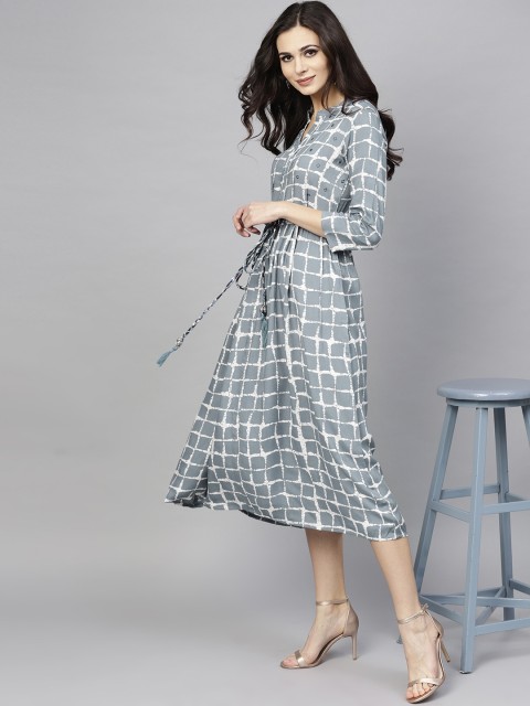 

AKS Women Grey Checked Midi Fit & Flare Dress